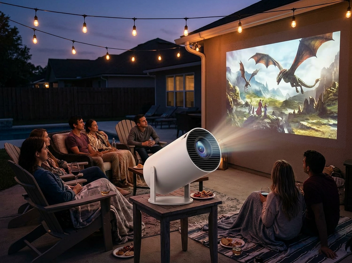 Friends watching a movie projected on a house wall in a backyard with string lights