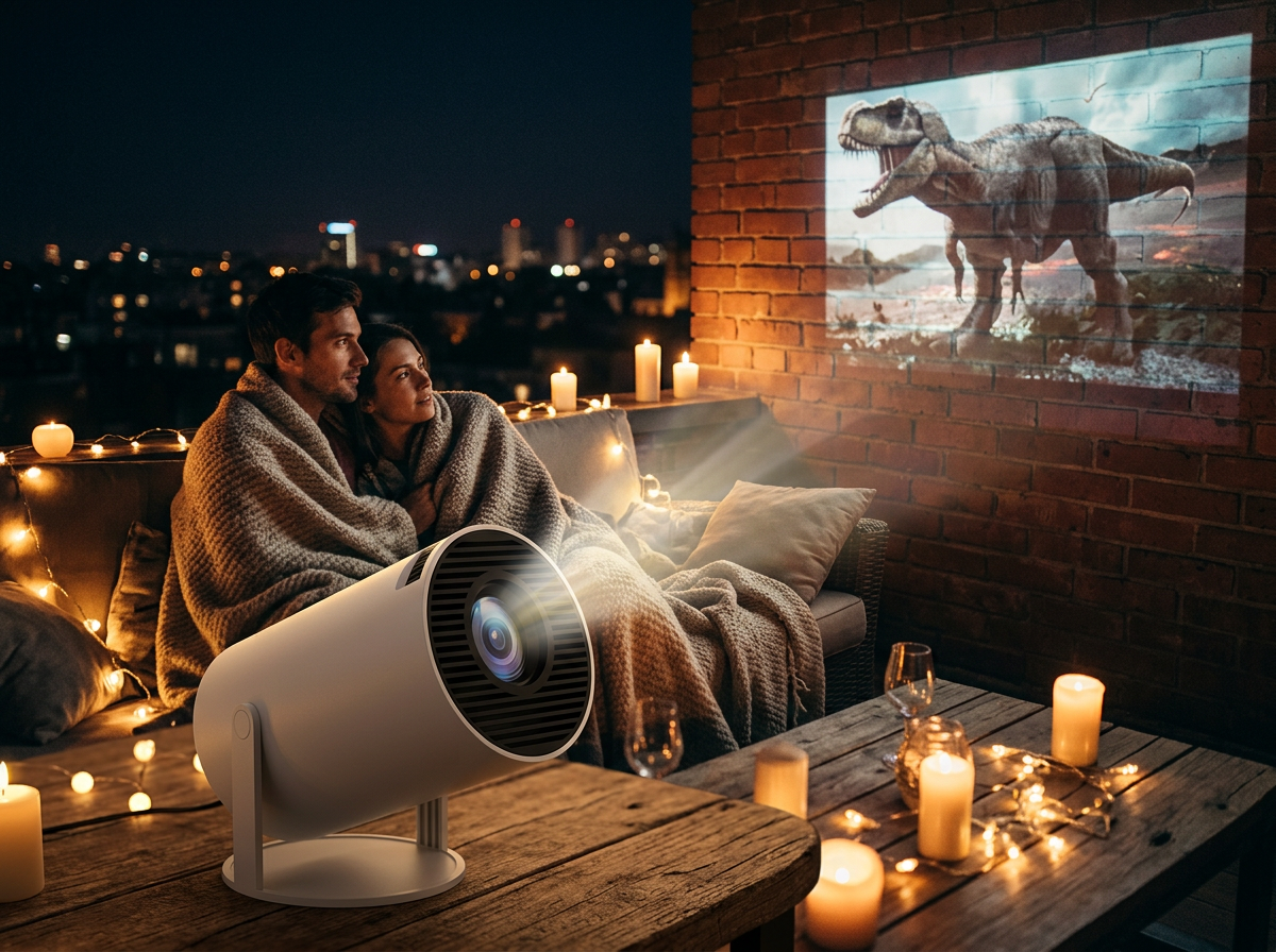 Couple under a blanket on a terrace watching a movie projected on a brick wall