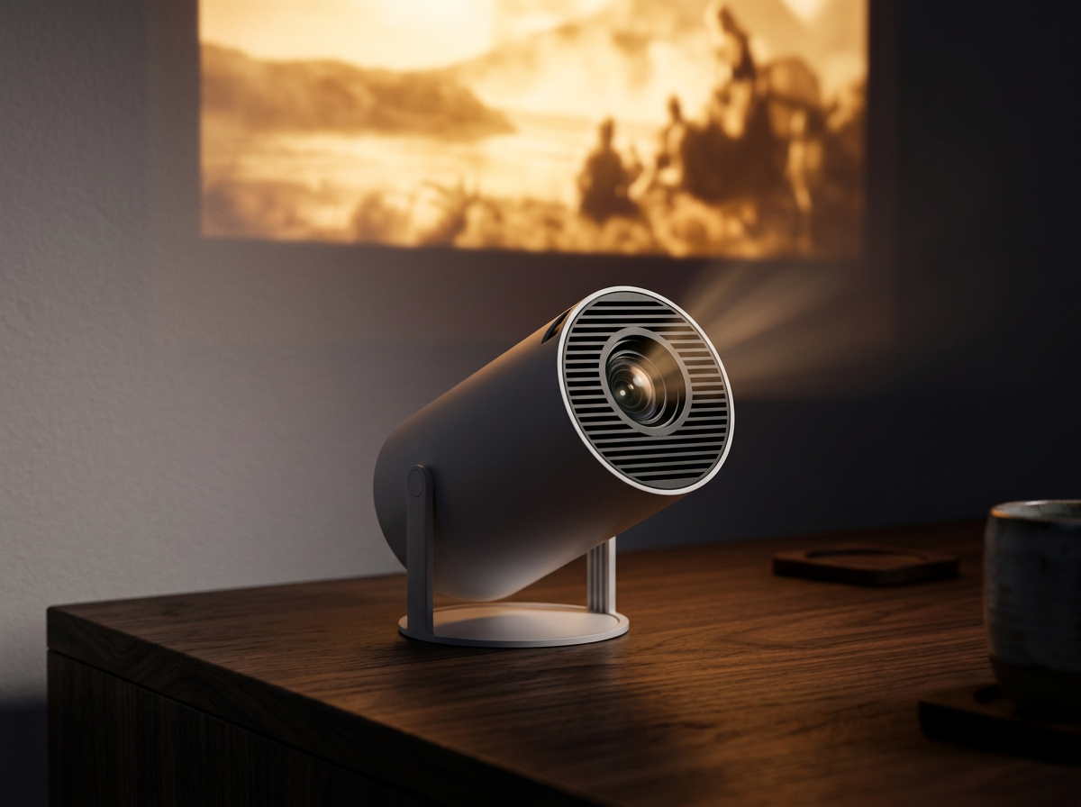 GlowScreen portable mini projector on a wood table projecting a movie onto a wall at night